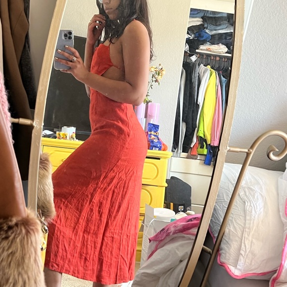 Reformation Red Orange Button Fit & Flare Halter Cut Out Shirt Dress 0 - Picture 8 of 9